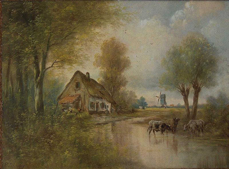 unknow artist Landscape with cows, small farm and windmill oil painting image